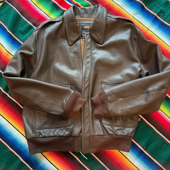 'ALPHA INDUSTRIES' super dark brown (almost black!) LEATHER army bomber jacket! - Picture 1 of 8